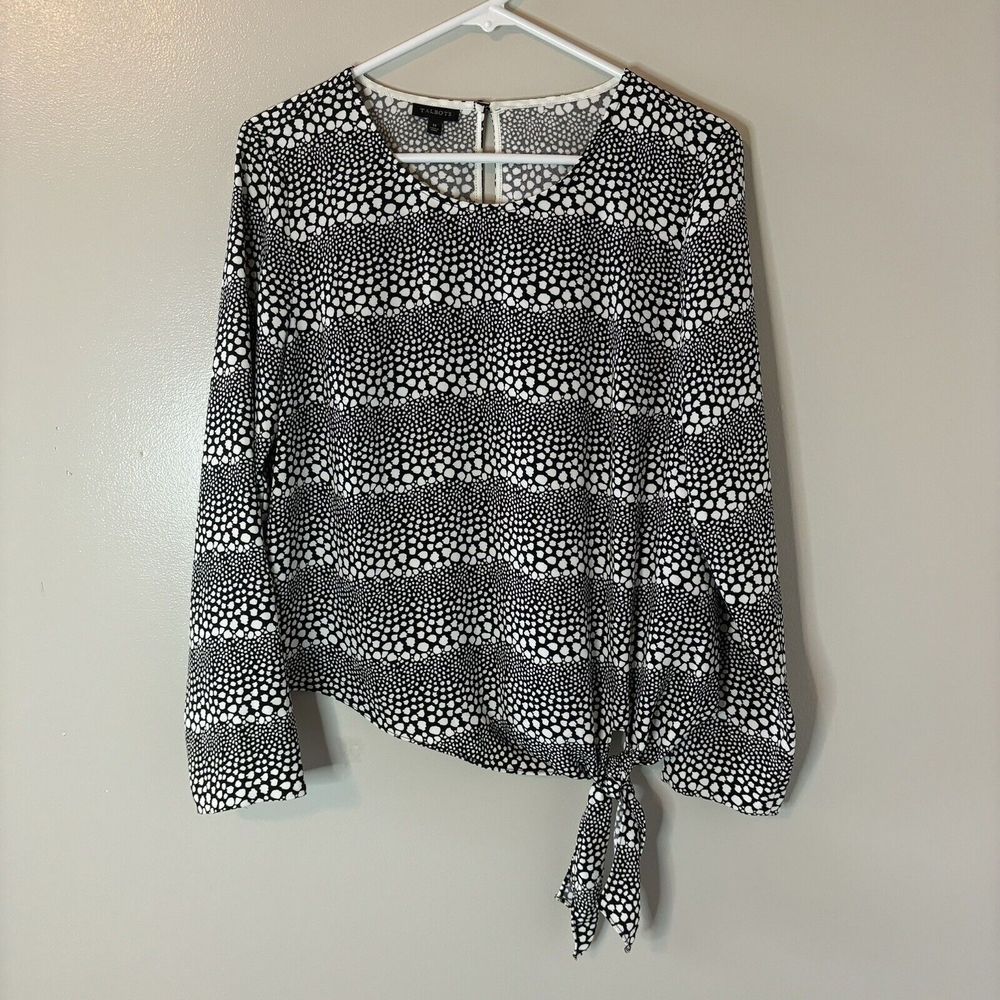 Talbots Long Sleeve Polka Dot Blouse Black White Top Tie Front Size Medi…